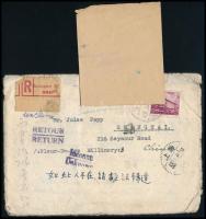 1952 Ajánlott levél Budapestről Shanghaiba, "Ismeretlen" jelzéssel visszaküldve. Érdekes darab!