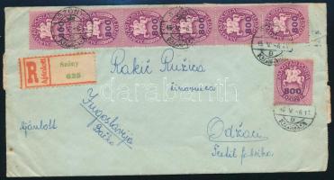 1946 (14. díjszabás) Ajánlott levél Szőnyről Jugoszláviába 30 db 800 ezer p. Lovasfutár bélyeggel bérmentesítve