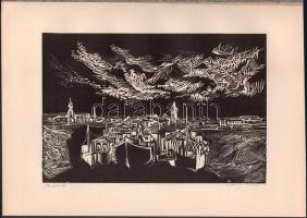 Klossy Irén (1943-): Hajójavító (Baja?). Fametszet, papír. Jelzett Üvegezett fakeretben, 20×29,5 cm