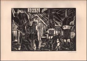 Turi Endre (1935-2024): Zománc olvasztó. Linómetszet, papír, jelzett. 20x30 cm.