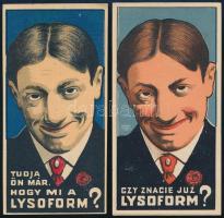 cca 1910-1920 "Tudja ön már, hogy mi a Lysoform?", 2 db színes litho számolócédula, Bp.Bruchsteiner és Fia-ny. magyar és lengyel változat