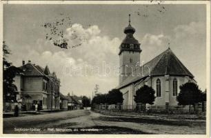 1937 Sajószentpéter, Református templom és városháza. Frank Jenő kiadása (EB)
