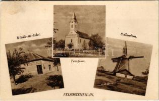 1947 Felsőszentiván, Mihálovits üzlete, templom, szélmalom (EK)
