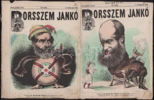 1868 A Borsszem Jankó c. élclap 4 db száma, kézzel színezett fametszetű címlapokkal
