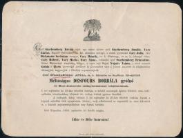 1869 Köpösd, Desfours Borbála grófnő (1789-1869), gróf Starhemberg Antal cs. kir. kamarás és kapitány özvegye, csillagkeresztes hölgy halotti értesítője, kisebb lapszéli szakadásokkal, 20,5x27,5 cm