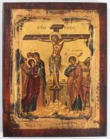 Krisztus keresztre feszítése - kézzel festett görög ikon, cca 1970, hátoldalon certifikáttal, 23x18 cm