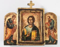 Tanító Krisztus apostolokkal - faragott fa triptichon, cca 1970/80, hátoldalán pecséttel, 15x17 cm