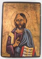Pantokrátor Krisztus - kézzel festett görög ikon, 1967, hátoldalon címkével, 24x17 cm