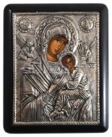 Mária a kisdeddel - kézzel festett görög ikon ezüst (Ag) lemez okláddal, jelzett, 27x22 cm
