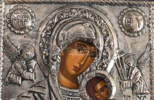 Mária a kisdeddel - kézzel festett görög ikon ezüst (Ag) lemez okláddal, jelzett, 27x22 cm