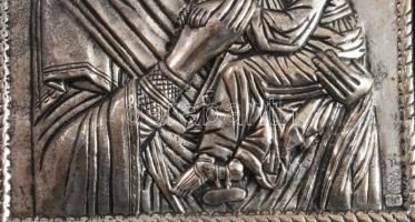 Mária a kisdeddel - kézzel festett görög ikon ezüst (Ag) lemez okláddal, jelzett, 27x22 cm