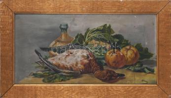 AForey jelzéssel, XX. sz. első fele: Csendélet vadkacsával. Olaj, vászon. Apró felületi sérülésekkel. Hátoldalán Kardos Henrik és Társa pápai festékkereskedő 1920-30 körüli bélyegzésével. Dekoratív, sérült fakeretben. 30x58 cm