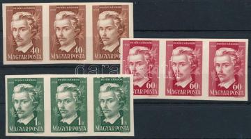 1950 Petőfi Sándor (III.) sor vágott 3-as csíkokban (24.000) (40f gyári gumihiba / gum disturbance)