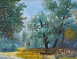 Olvashatatlan jelzéssel: Virágos park. Olaj, vászon. Dekoratív, kissé sérült fakeretben. 40x50 cm