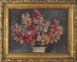 Olvashatatlan jelzéssel: Virágok. Olaj, vászon. Apró felületi sérülésekkel. Dekoratív, kissé sérült fakeretben. 30x40 cm