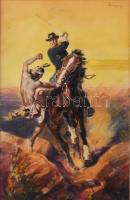 Bányay jelzéssel: Vadnyugati jelenet. Akvarell, papír. Üvegezett fakeretben. 27x17,5 cm