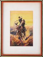 Bányay jelzéssel: Vadnyugati jelenet. Akvarell, papír. Üvegezett fakeretben. 27x17,5 cm