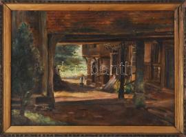 Mary Covell jelzéssel: Kislány az udvaron. Olaj, karton. Dekoratív, sérült fakeretben. 25x35 cm