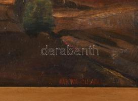 Mary Covell jelzéssel: Kislány az udvaron. Olaj, karton. Dekoratív, sérült fakeretben. 25x35 cm