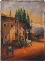 J. Kirschner jelzéssel, naiv festő, feltehetően XX. sz. eleje: Utcarészlet. Olaj, vászon. Sérült. 40x30 cm