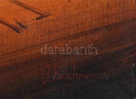 J. Kirschner jelzéssel, naiv festő, feltehetően XX. sz. eleje: Utcarészlet. Olaj, vászon. Sérült. 40...