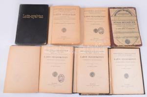 Bibliotheca Discipulorum Latin Nyelv és Irodalom 6 kötete (20., 21. (x2), 25., 26., 27., 30.): Jámbor György - Kemenes Illés: Római régiségek a gimnáziumok felső osztályai számárára. (Függelékül a római irodalom vázlata.) Az új középiskolai tanterv alapján összeáll. Dr. - - és Dr. - -. ; Jámbor György - Kemenes Illés: Latin nyelvtan a gimnázium I-VIII., a reálgimnáziumok III-VIII., a reáliskolák és leányközépiskolák V-VIII. osztálya számára. (2 példány.); Jirka Alajos: Latin olvasókönyv fiugimnáziumok I./II./III./ IV. osztálya számára. Bp., 1932-1938., Szent István-Társulat, 169 p.+2 t.+12 t., 240 p.; 93+1 p.; 107+1 p.; 93+1 p.; 121 p. Átkötött félvászon-kötések és egészvászon-kötés, kopott borítókkal, ceruzás aláhúzásokkal és bejegyzésekkel, az 1. mű sérült kötéssel, hiányzó hátsó szennylappal, egy kijáró, sérült lappal (63/64 p.), a latin olvasókönyv I. kötete sérült kötéssel, és a II. kötetben egy javított lappal, a Jámbor-Kemenes latin nyelvtankönyvből az egyik példány sérült borítóval és kötéssel.