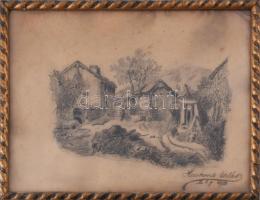 Herskovits Etelka jelzéssel (Herkovits Mórné Léderer Etelka?): Udvar, 1905. Ceruza, papír. Kissé sérült. Üvegezett fakeretben. 23,5x31 cm