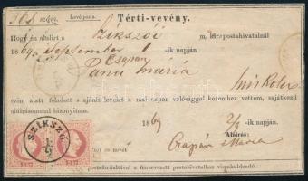 1869 2 x 5kr tértivevényen. A hátoldalon a levélhez erősített 5kr egy kis darabjával. "SZIKSZÓ" - Miskolc (ex Ryan)