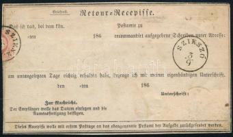 1869 2 x 5kr tértivevényen. A hátoldalon a levélhez erősített 5kr egy kis darabjával. "SZIKSZÓ&...