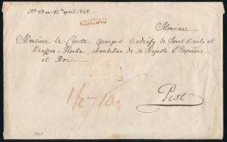 1828 Bélyeg előtti félportós levél piros "ROSENAU" bélyegzéssel Pestre, 10kr félportóval (Rompes 80 p)