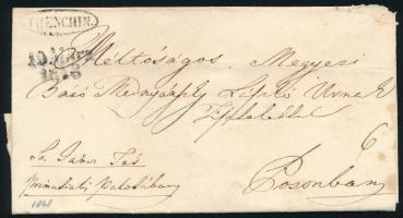 1848 Bélyeg előtti portós levél ovális "TRENCHIN" és kétsoros dátumú bélyegzéssel Pozsonyba, 6kr viteldíjjal (Rompes 60 p)