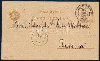 1889 Díjjegyes levelezőlap, hátoldalon céges nyomtatott szöveggel, "BUDAPEST FŐPOSTA / ESTE" - Javorina
