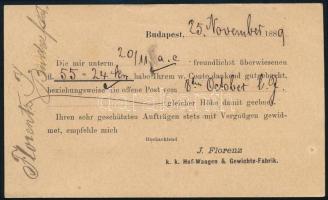 1889 Díjjegyes levelezőlap, hátoldalon céges nyomtatott szöveggel, "BUDAPEST FŐPOSTA / ESTE&quo...