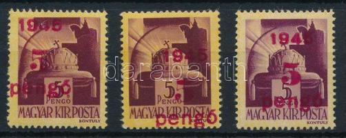1945 Kisegítő IV. 5P/5P 3 db bélyeg, kettő elcsúszott felülnyomattal + egy halvány színárnyalatban
