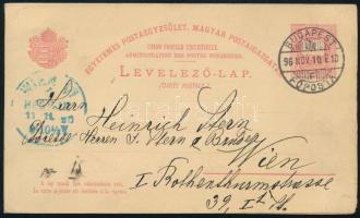 1896 5kr díjjegyes válaszos levelezőlap, kiállítási minőségben "BUDAPEST / FŐPOSTA" - Wien