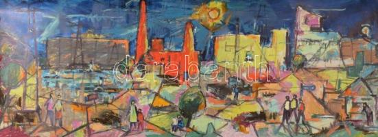 Jelzés nélkül: Színes város. Olaj, papír. Apró lapszéli sérülésekkel. Feltekerve. 42x117 cm.