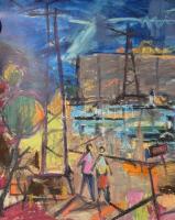 Jelzés nélkül: Színes város. Olaj, papír. Apró lapszéli sérülésekkel. Feltekerve. 42x117 cm