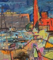 Jelzés nélkül: Színes város. Olaj, papír. Apró lapszéli sérülésekkel. Feltekerve. 42x117 cm