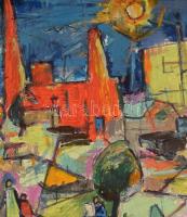Jelzés nélkül: Színes város. Olaj, papír. Apró lapszéli sérülésekkel. Feltekerve. 42x117 cm