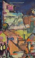 Jelzés nélkül: Színes város. Olaj, papír. Apró lapszéli sérülésekkel. Feltekerve. 42x117 cm