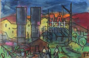Jelzés nélkül: Külváros. Olaj, papír. Apró lapszéli sérülésekkel. Feltekerve. 50x70 cm.