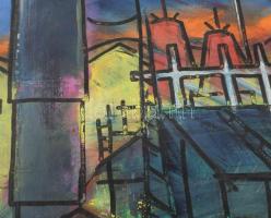 Jelzés nélkül: Külváros. Olaj, papír. Apró lapszéli sérülésekkel. Feltekerve. 50x70 cm