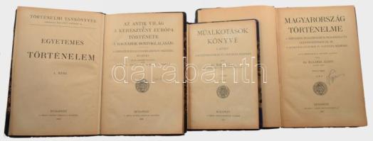 Vegyes iskolai tankönyv tétel, 3 db:   Marczell Ágoston - Szegedi Tasziló: Az antik világ és a keresztény Európa története a magyarok honfoglalásáig. A gimnáziumi és leánygimnáziumi IV. osztály számára. Bp., 1938., Szent István Társulat, 1-141 p.+4 (egy egészoldalas, 3 kihajtható térkép) t. +[145]-148 p. Fekete-fehér illusztrációkkal. Átkötött félvászon-kötés, néhány ceruzás bejelöléssel.   Balogh Albin: Magyarország történelme. A gimnázium, reálgimnázium, reáliskola, és leányközépiskolák III., a lánykollégiumok IV. osztálya számára. Bp., 1931., Szent István-Társulat, 155 p.Fekete-fehér illusztrációkkal. Átkötött félvászon-kötés, néhány ceruzás bejelöléssel.;   Biró Béla: Műalkotások könyve I. köt. A középiskolák III-IV. osztálya számára. Bp., 1933, Szent István-Társulat, 119 p. Fekete-fehér fotókkal illusztrált. Átkötött félvászon-kötés.