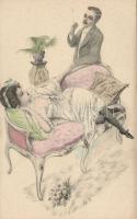 Gently erotic art postcard, couple, cigarette smoking gentleman,  P.F.B. Serie 306 a., Finoman erotikus lap, pár, cigarettázó férfi, P.F.B. Serie 306 a.