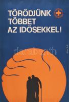 Gönczi Béla (1934-): Törődjünk többet az idősekkel, Magyar Vöröskereszt, 1981. Plakát, papír. Jelzett a plakáton. Kossuth Nyomda. Kartonra kasírozva. 49,5x34 cm.