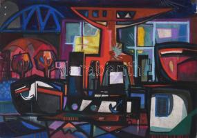 Jelzés nélkül: Kikötő. Vegyes technika, papír. 38x54 cm.