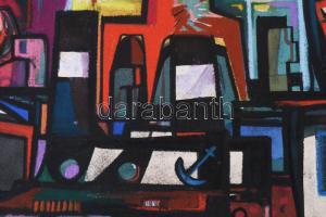 Jelzés nélkül: Kikötő. Vegyes technika, papír. 38x54 cm