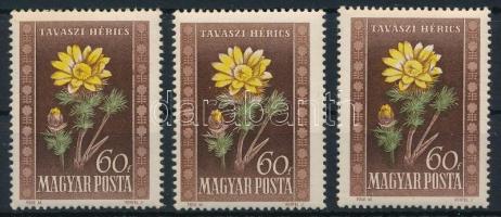 1950 Virág (I.) 3 db 60f eltolódott sárga színnyomattal