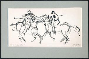 Gönczi Béla (1934-): Ember ember ellen (lovaspárbaj). Tus, papír. Jelzett. 11x20 cm, paszpartuban.