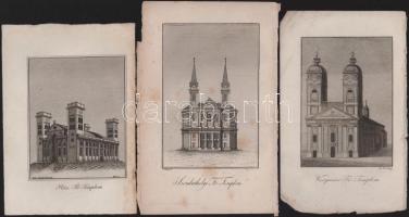 3 db templomokat ábrázoló metszet: Pécsi főtemplom, Szombathelyi főtemplom, Veszprémi főtemplom. Rézmetszet, papír, jelzettek a metszeten, változó állapotban, lapméret: 19x13 cm körül